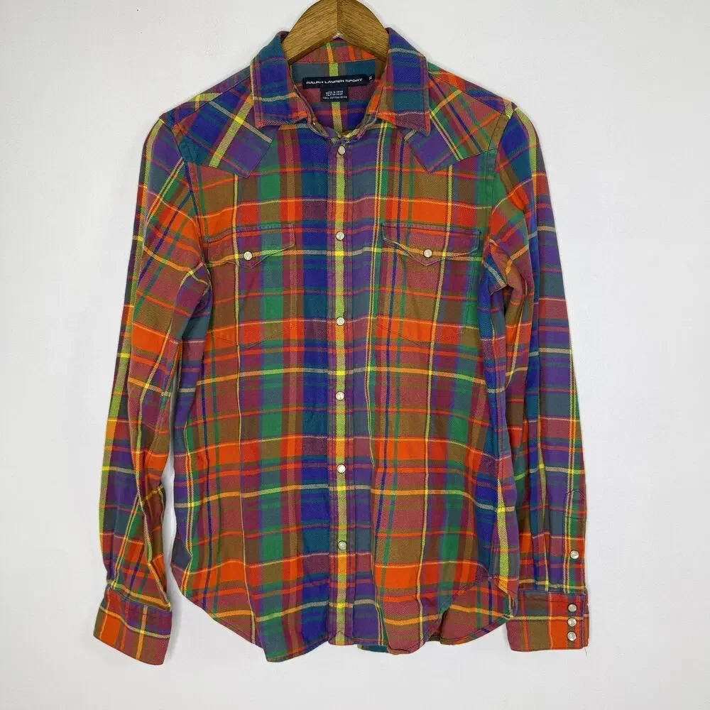Ralph Lauren Shirt Boys 14 Plaid Western Pearl Snap Orange Long Sleeve Cotton